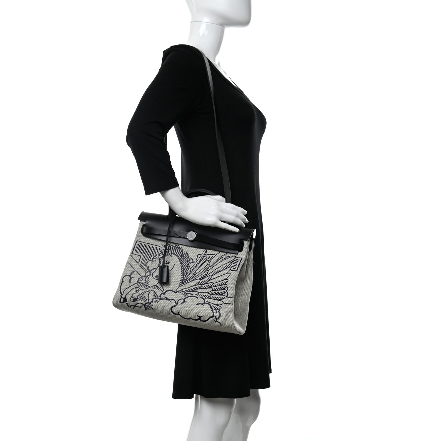 Hermes Vache Hunter Toile H Pegase Pop Herbag Zip Retourne 31 PM Bleu Indigo Ecru Black 2 of 12
