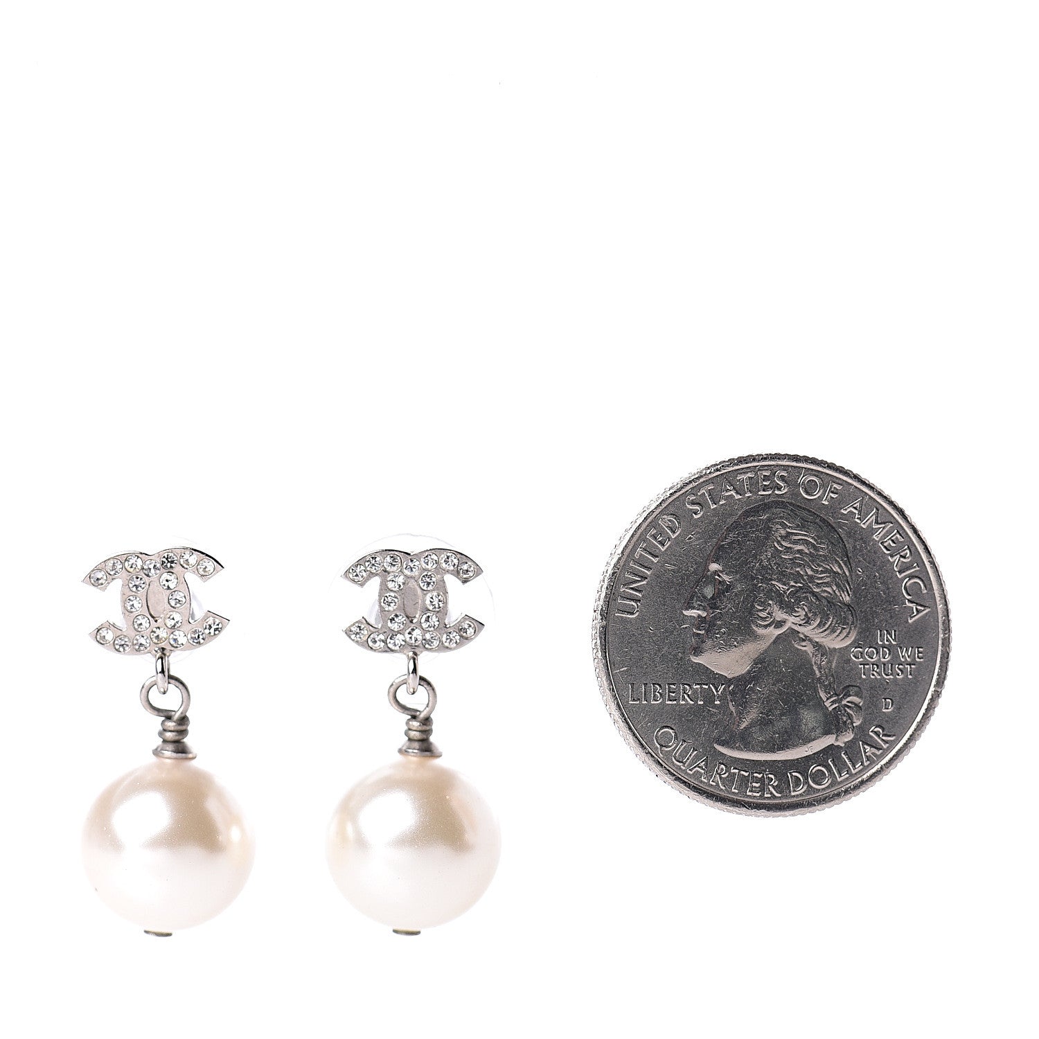 Chanel Crystal Pearl CC Drop Earrings Silver Pearly White 2 of 4