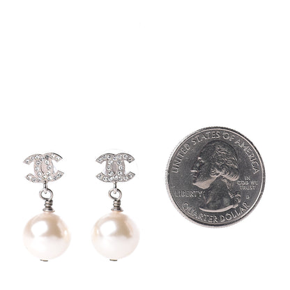 Chanel Crystal Pearl CC Drop Earrings Silver Pearly White 2 of 4