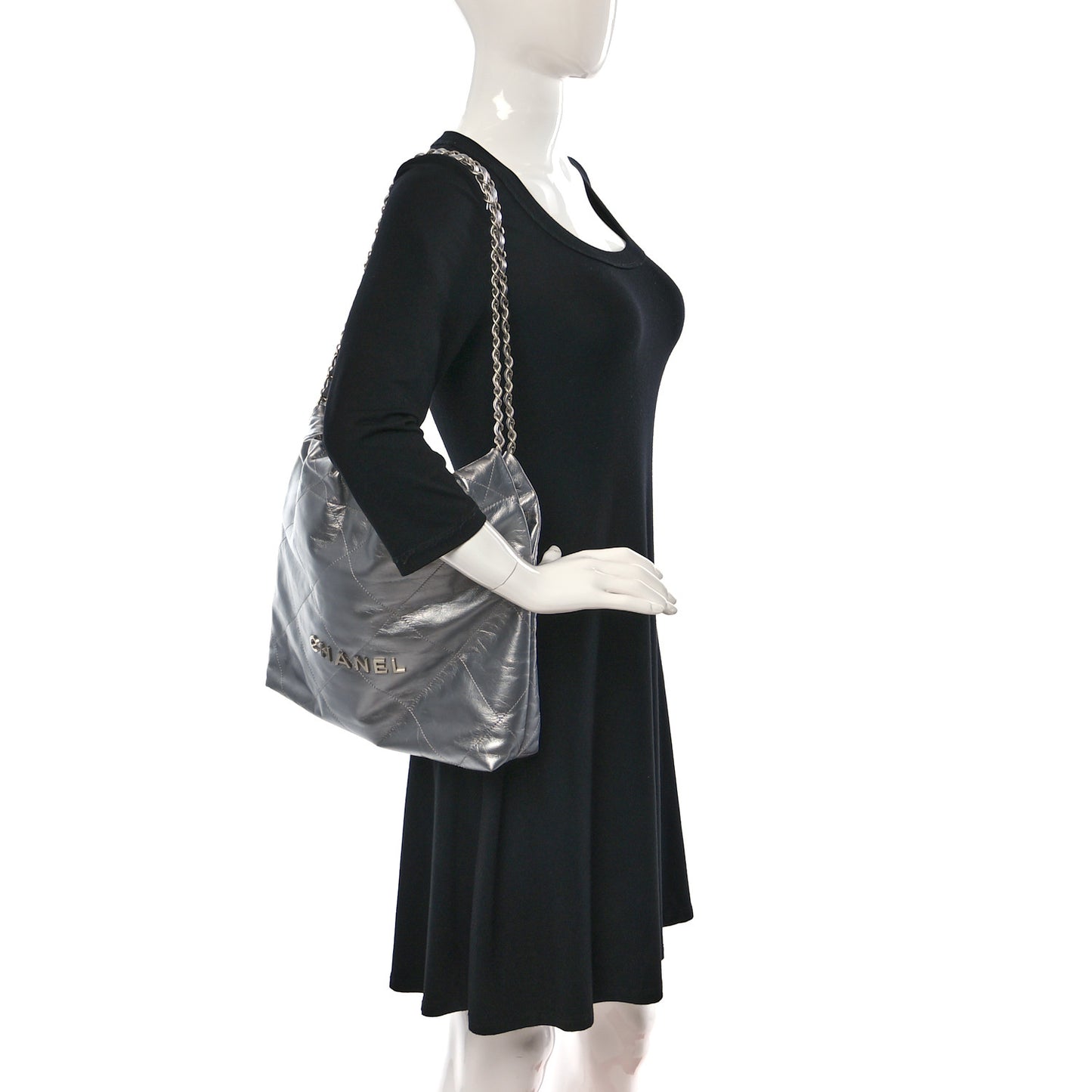 Metallic Calfskin Quilted Chanel 22 Silver