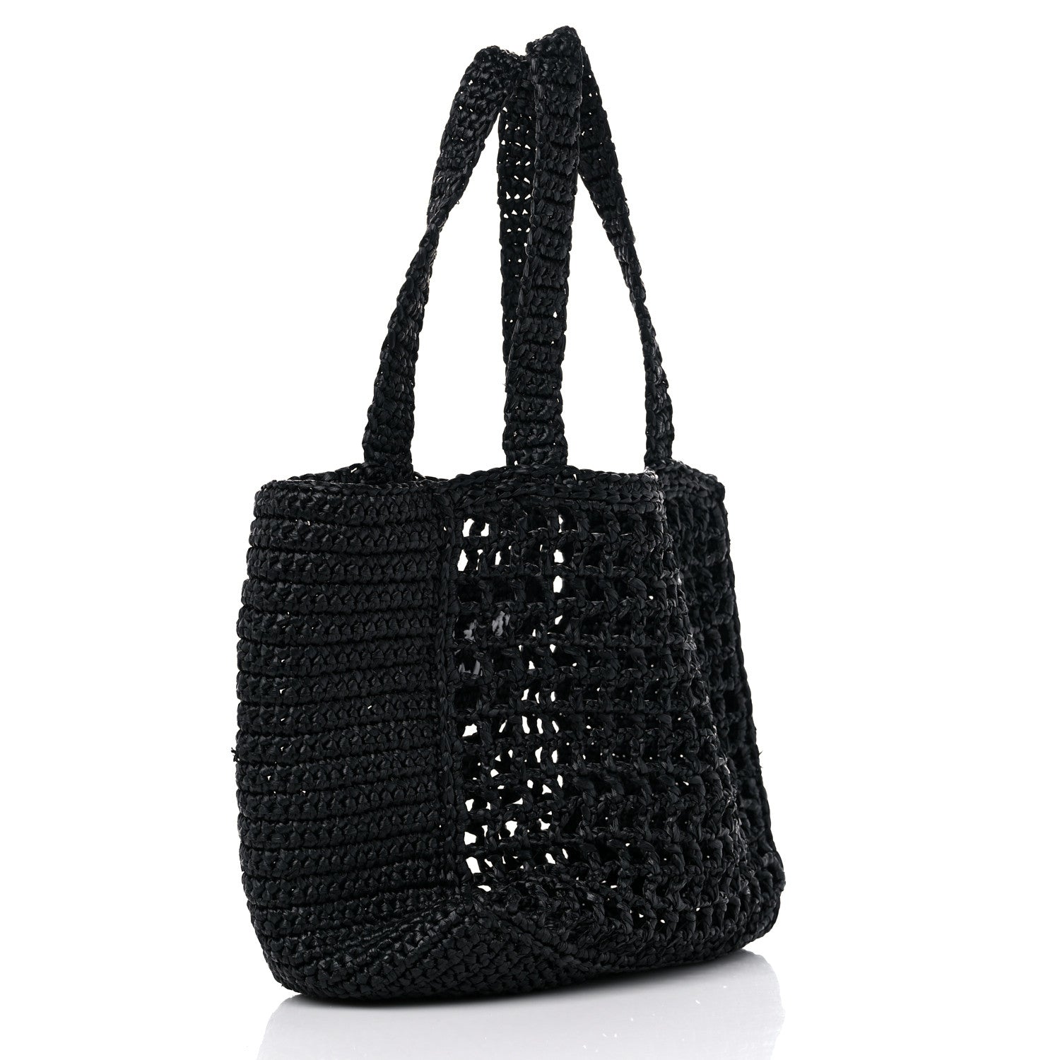 Prada Yarn Raffia Effect Crochet Logo Embroidered Small Tote Bag Black 3 of 8
