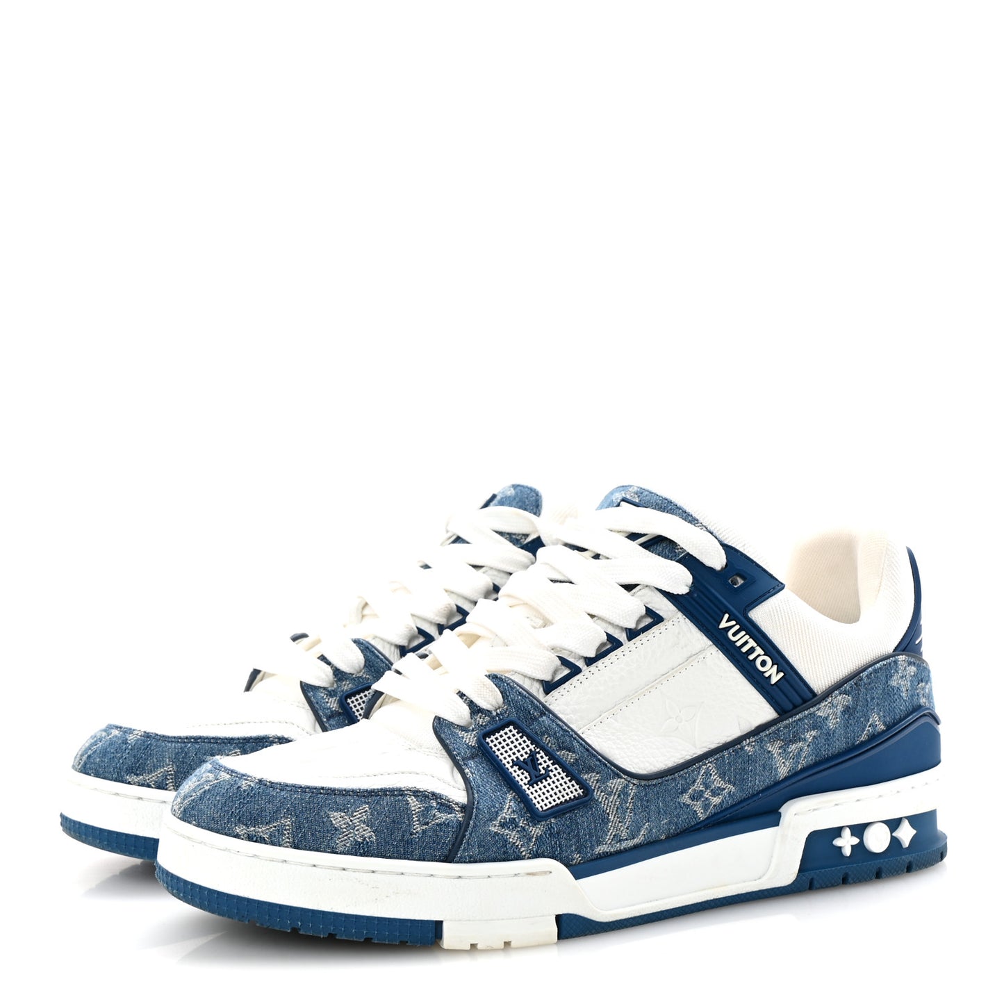Calfskin Embossed Monogram Denim Mens LV Trainer Sneakers 8 Blue