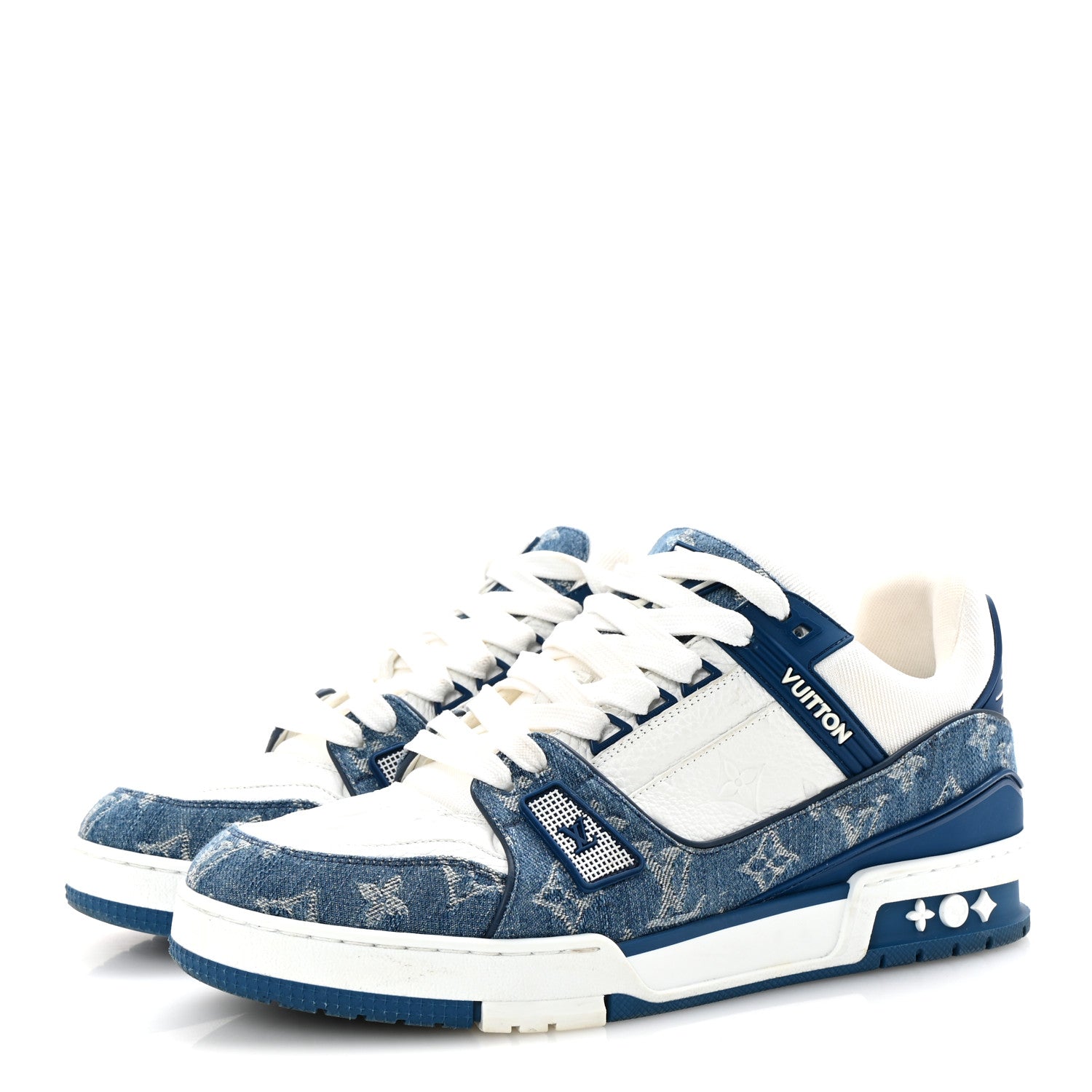Louis Vuitton Calfskin Embossed Monogram Denim Mens LV Trainer Sneakers 8 Blue 4 of 10