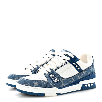 Louis Vuitton Calfskin Embossed Monogram Denim Mens LV Trainer Sneakers 8 Blue 4 of 10