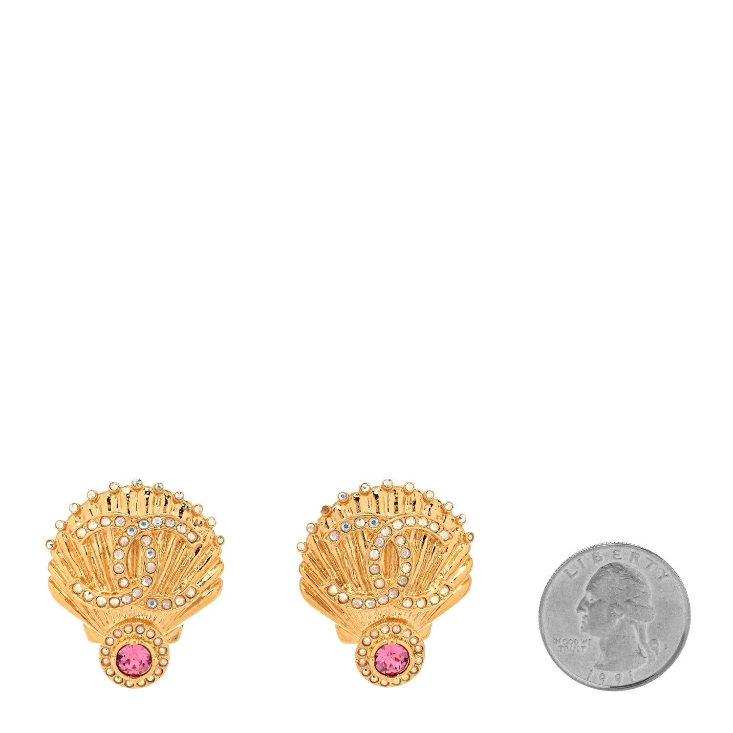 Chanel Metal Crystal CC Shell Clip On Earrings Gold Pink Multicolor 2 of 4
