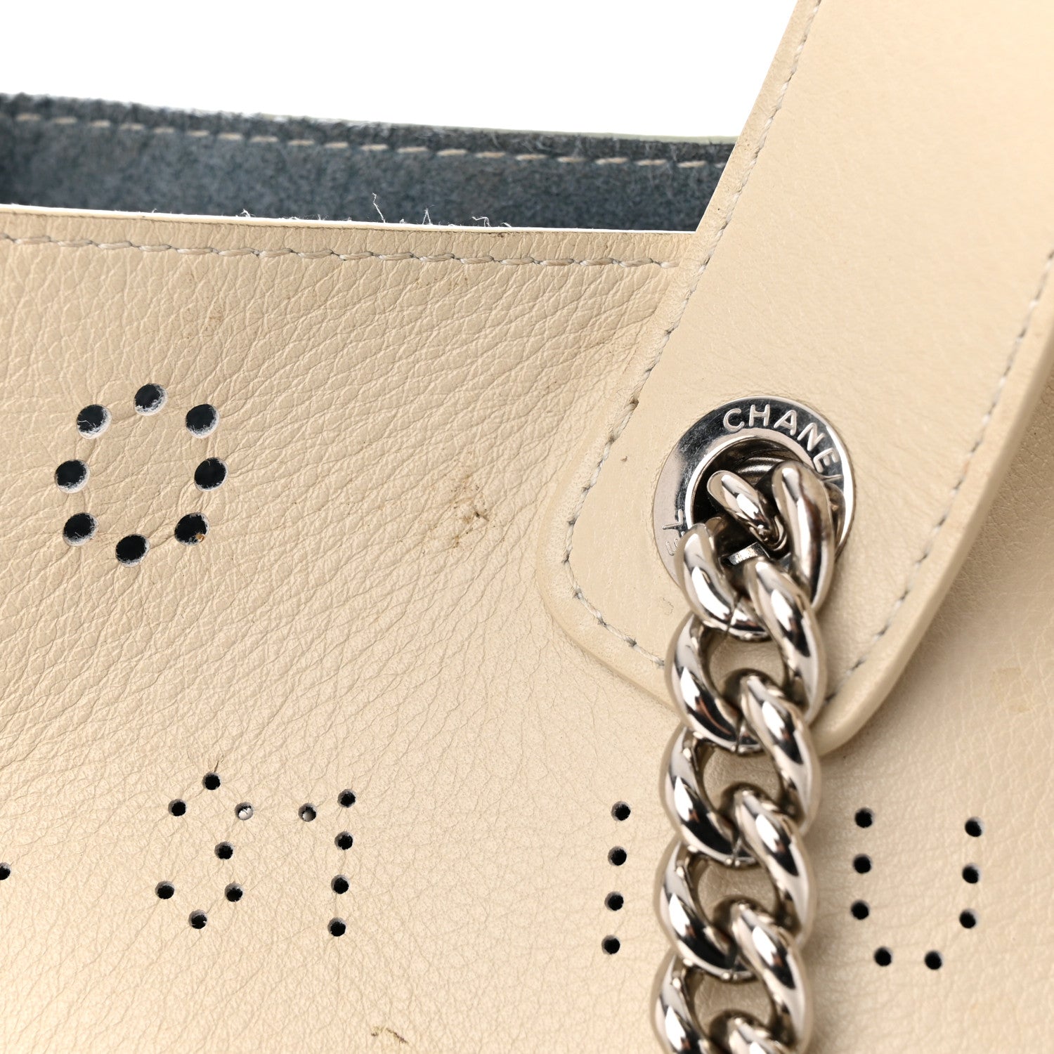 Chanel Calfskin Tweed Small Logo Eyelets Shopping Tote Beige 15 of 20