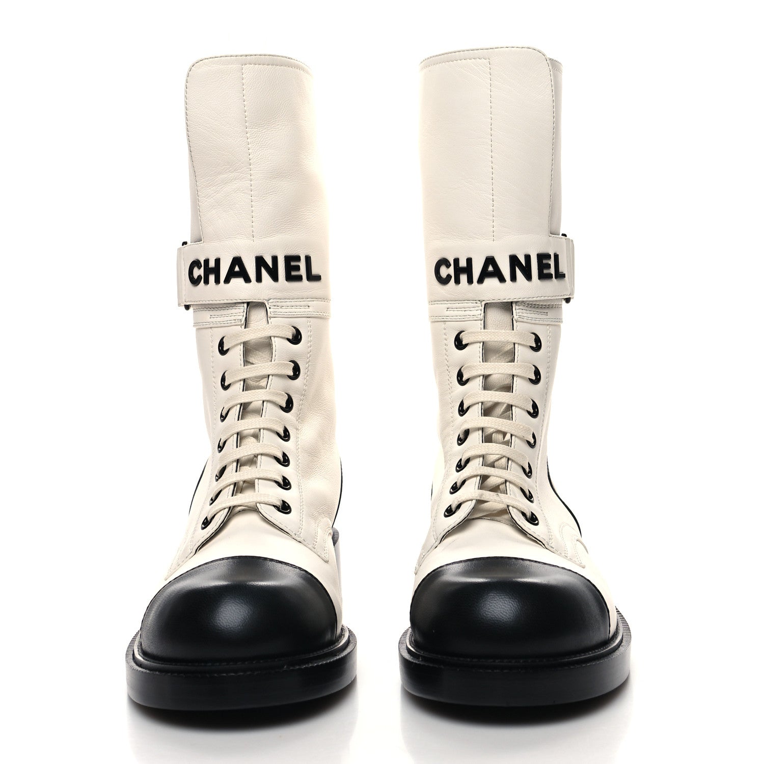 Chanel Calfskin Lace Up Logo Mid Calf Combat Boots 39 39 White 2 of 7