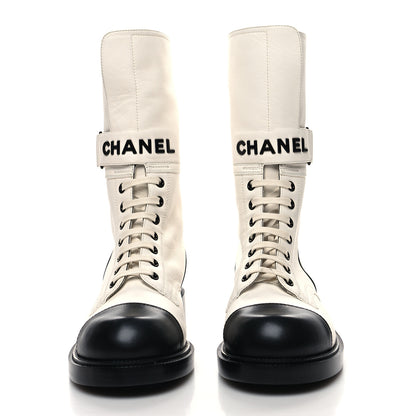Chanel Calfskin Lace Up Logo Mid Calf Combat Boots 39 39 White 2 of 7