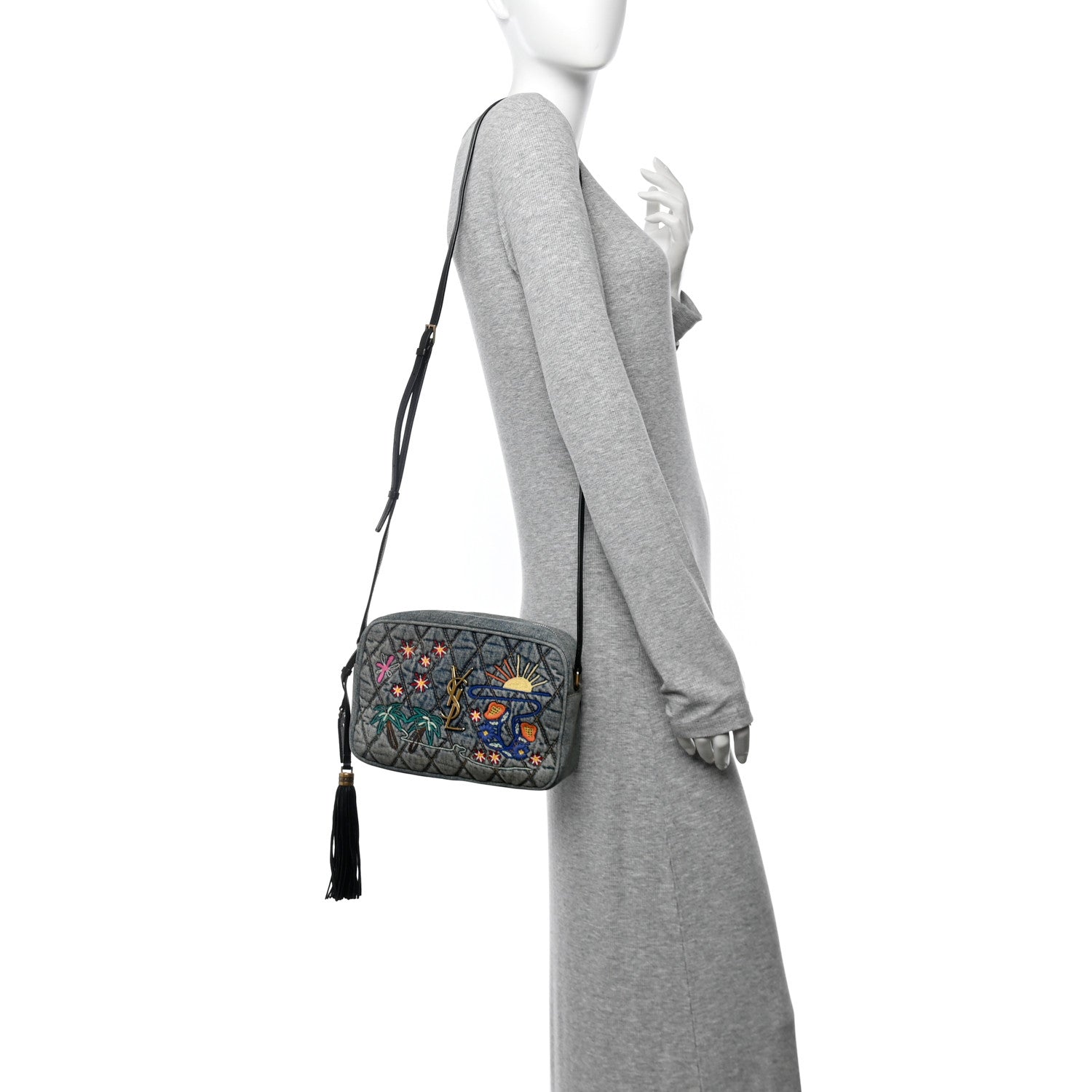 Saint Laurent Denim Matelasse Quilted Summer Embroidered Classic Monogram Camera Bag Blue 2 of 11