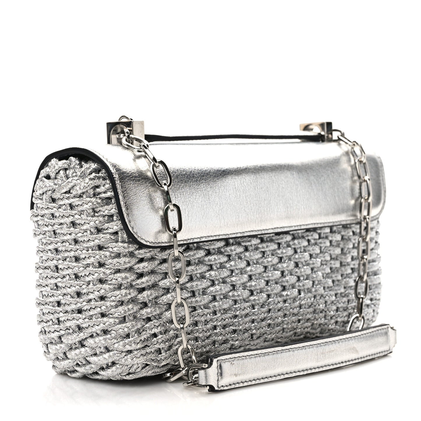Calfskin Woven Satin Medium 001 Chain Shoulder Bag Silver