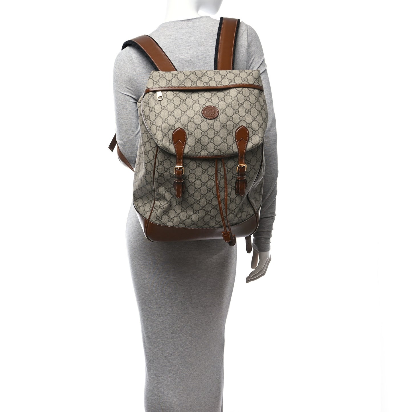 GG Supreme Monogram Azalea Calfskin Medium Retro Interlocking G Buckle Backpack Beige Ebony Brown Sugar