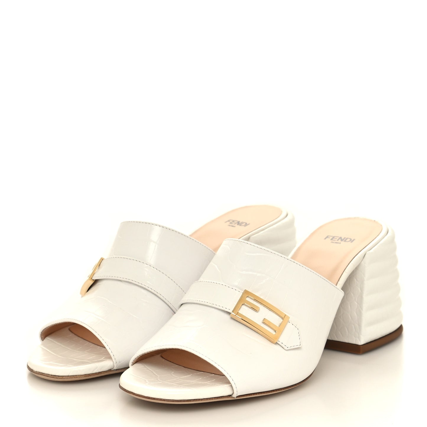 Calfskin Crocodile Embossed Promenade Mules 38.5 White