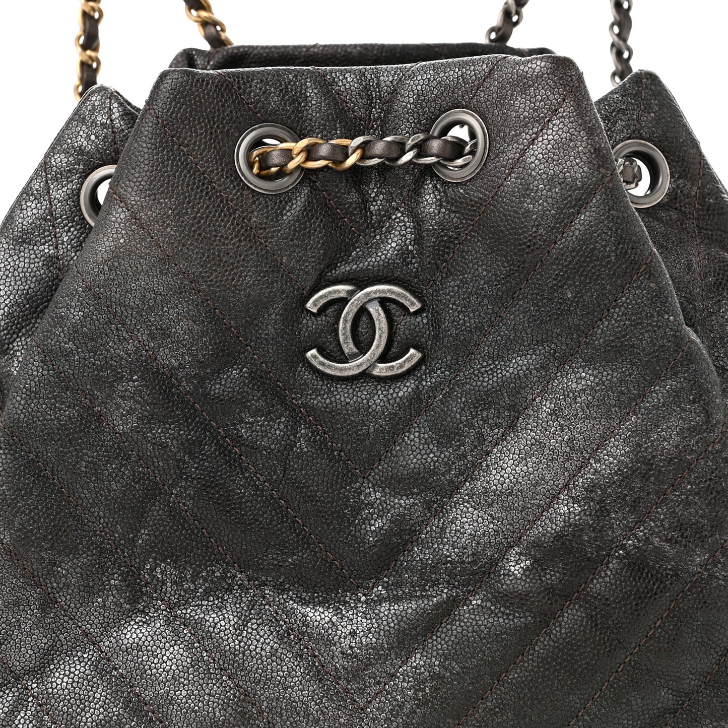 Metallic Grained Goatskin Chevron Quilted Gabrielle Backpack Dark Silver Gold