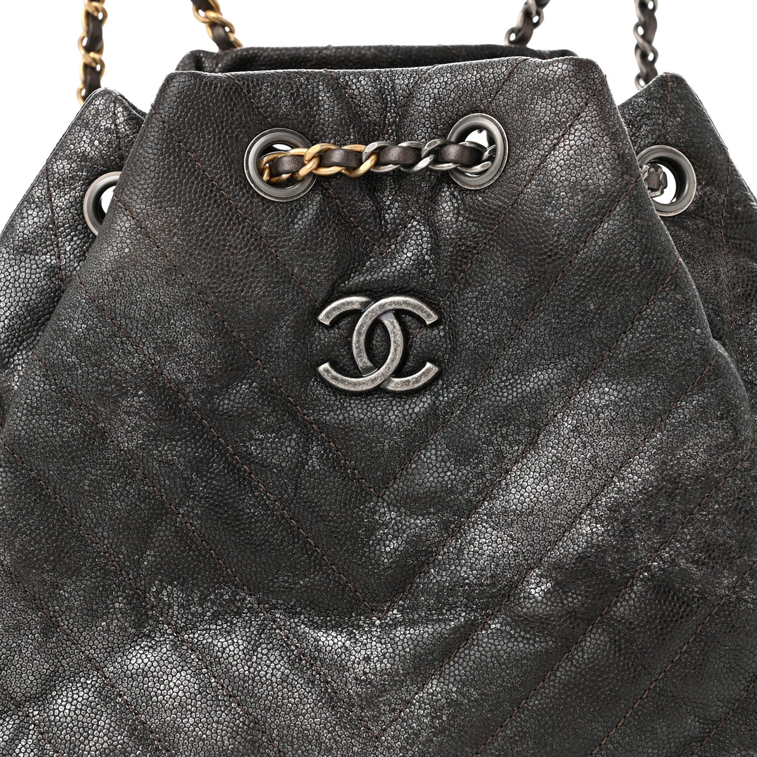 Chanel Metallic Grained Goatskin Chevron Quilted Gabrielle Backpack Dark Silver Gold 8 of 10