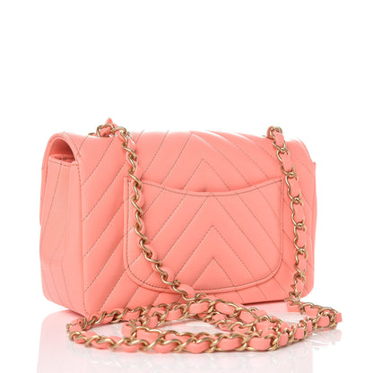 Chanel Lambskin Chevron Quilted Mini Rectangular Flap Coral 3 of 8