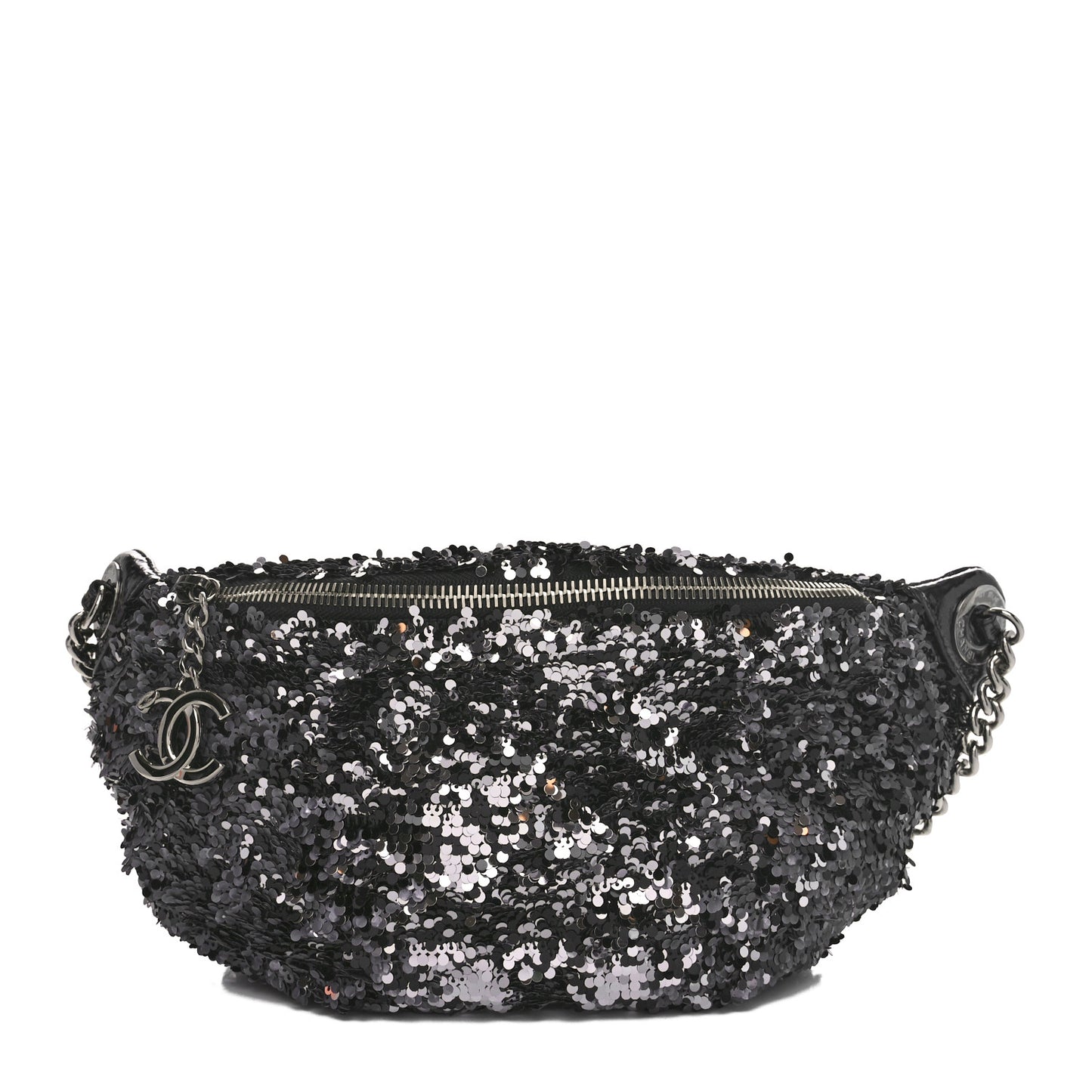 Sequin Shiny Aged Calfskin Sparkling City Waist Bag Fanny Pack Black Silver