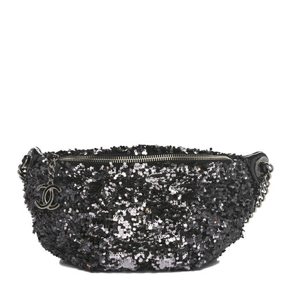 Chanel Sequin Shiny Aged Calfskin Sparkling City Waist Bag Fanny Pack Black Silver 1 of 11