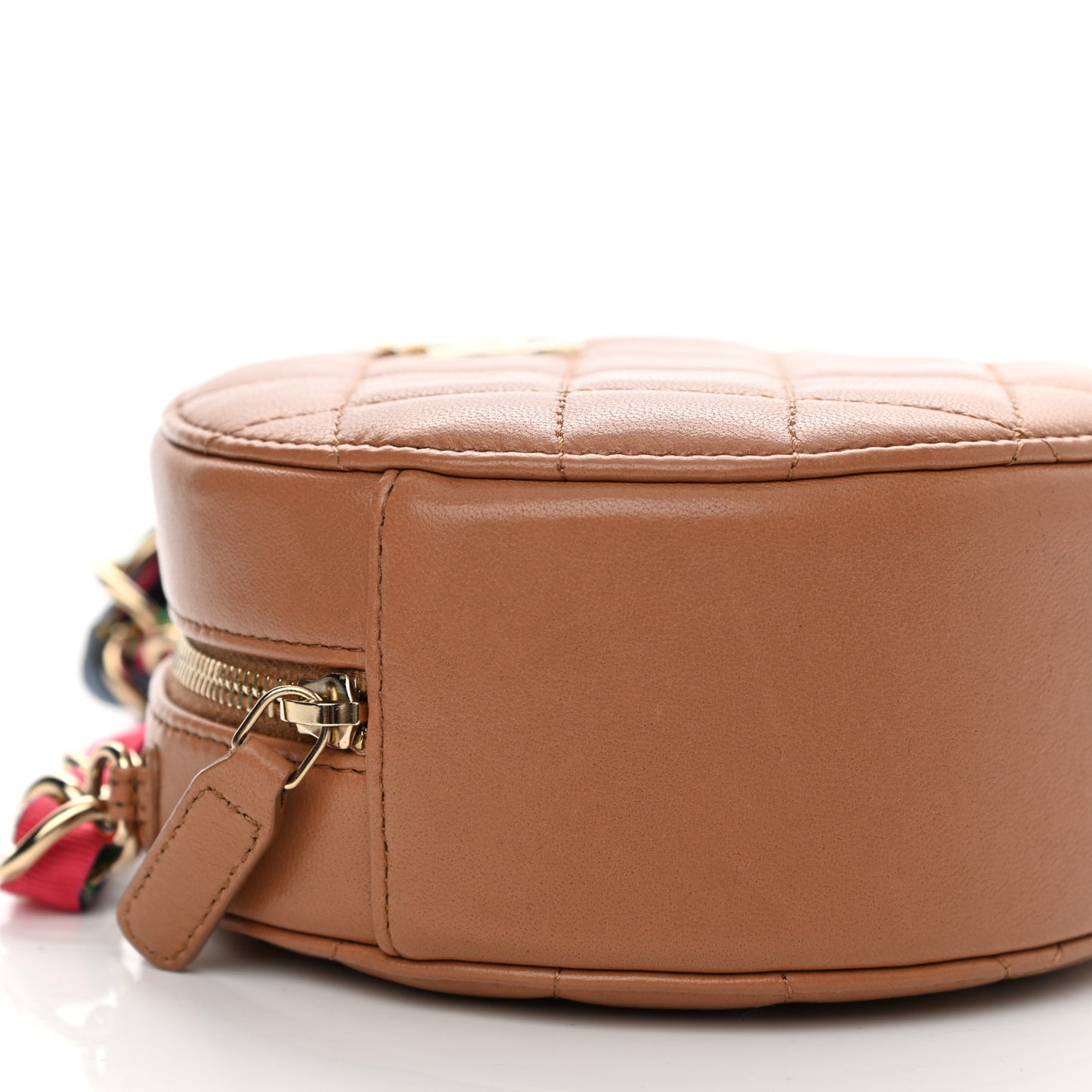 Shiny Lambskin Ribbon Quilted Round Clutch With Chain Brown