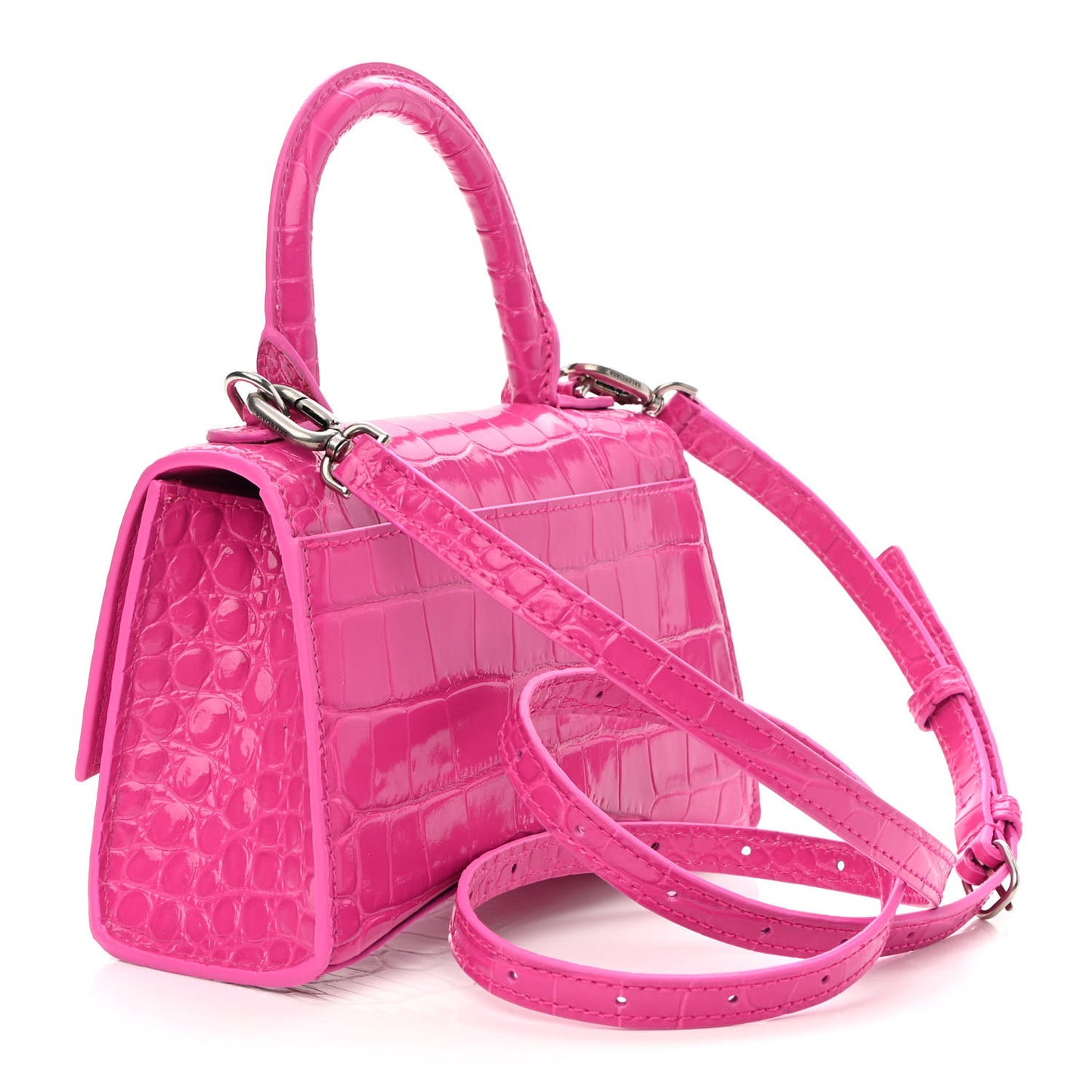 Shiny Calfskin Crocodile Embossed Hourglass Top Handle Bag XS Lipstick Pink