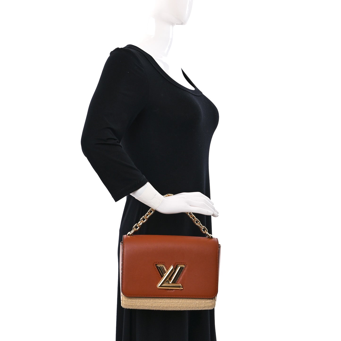Calfskin Raffia Twist Shoulder Bag MM Caramel