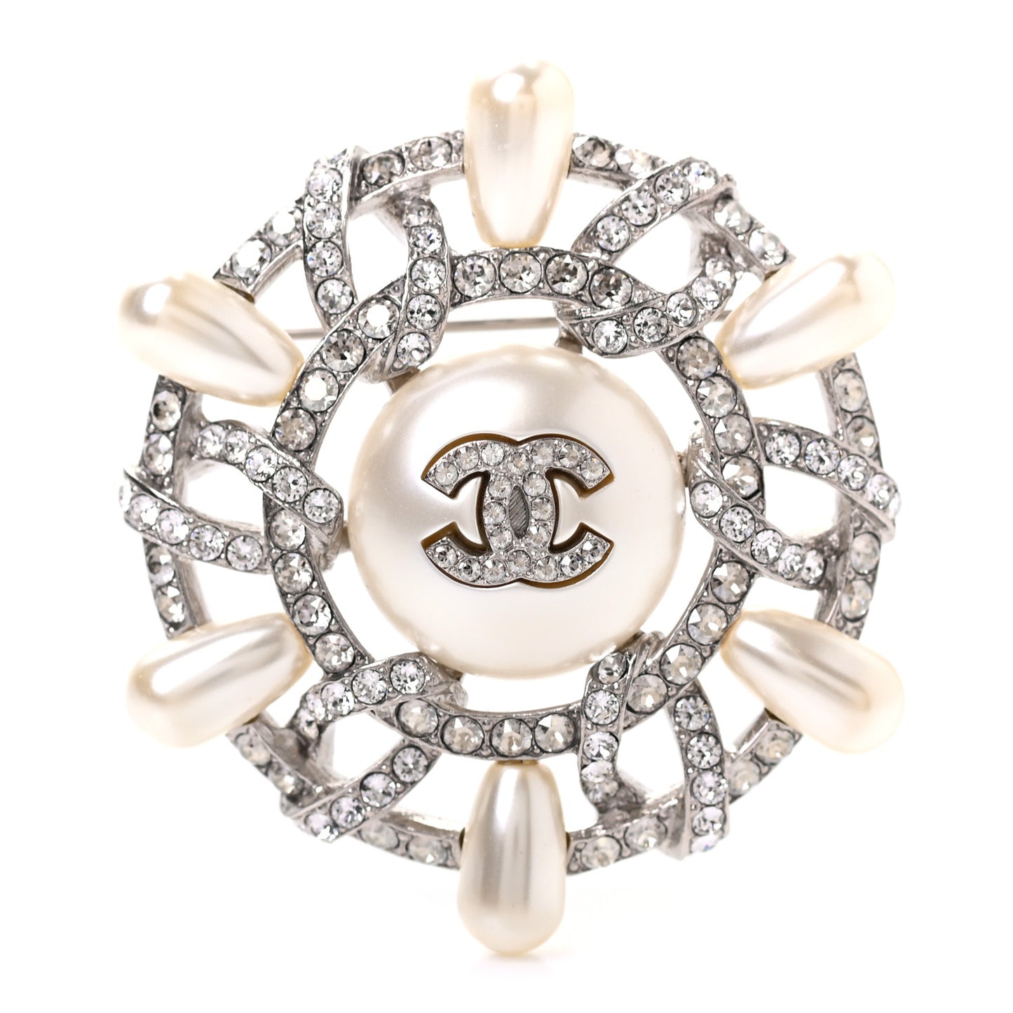 Pearl Crystal CC Wheel Brooch Pearly White Silver