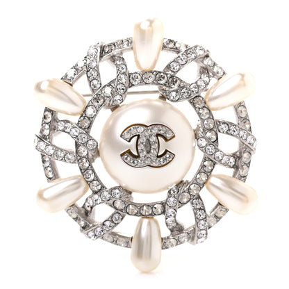 Chanel Pearl Crystal CC Wheel Brooch Pearly White Silver 1 of 4