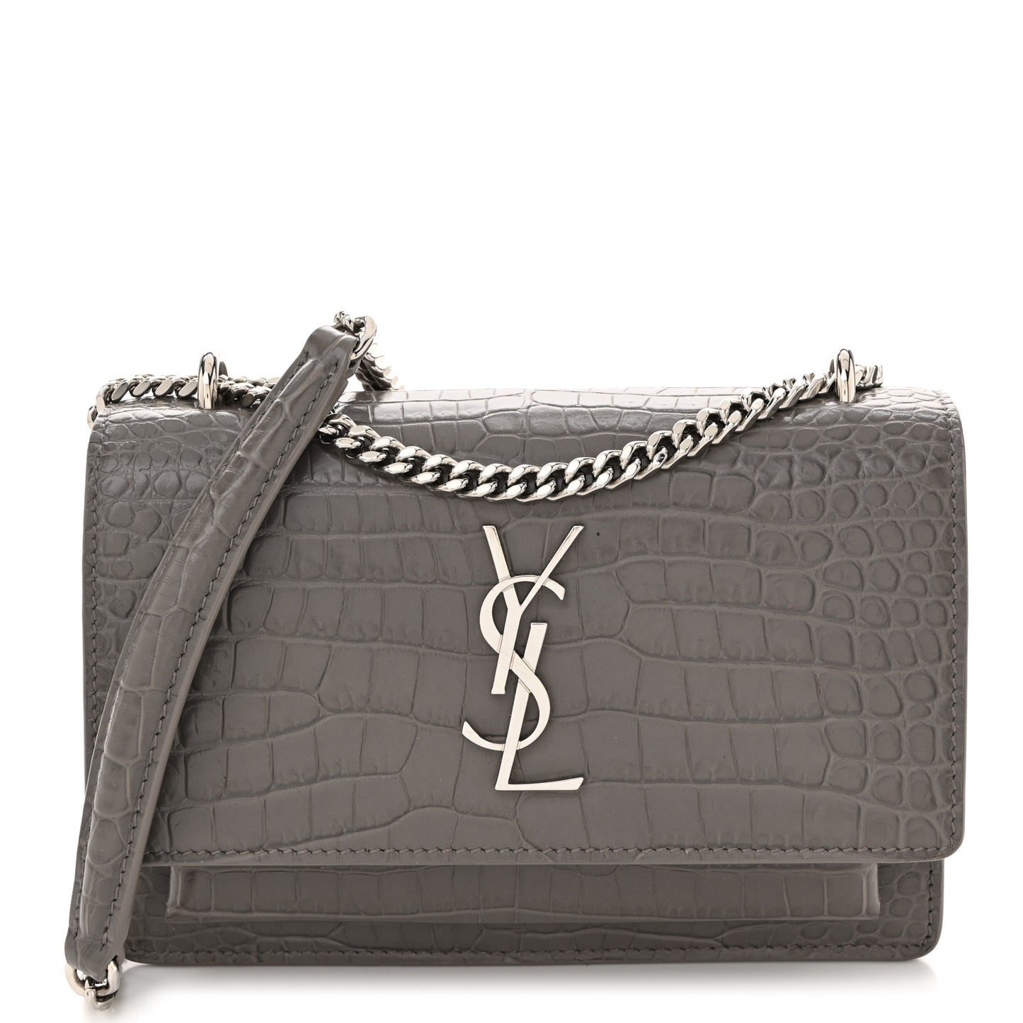 Calfskin Crocodile Embossed Monogram Sunset Chain Wallet Fog