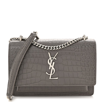 Saint Laurent Calfskin Crocodile Embossed Monogram Sunset Chain Wallet Fog 1 of 9