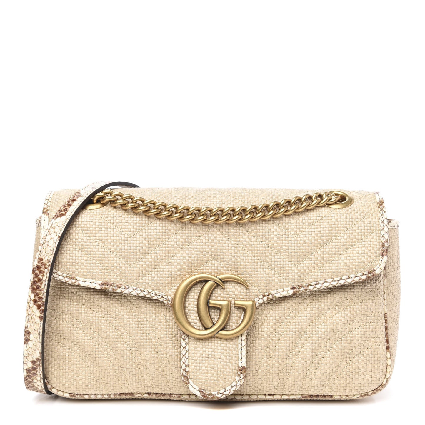 Raffia Elaphe Matelasse Small GG Marmont Shoulder Bag Natural Cream Brown