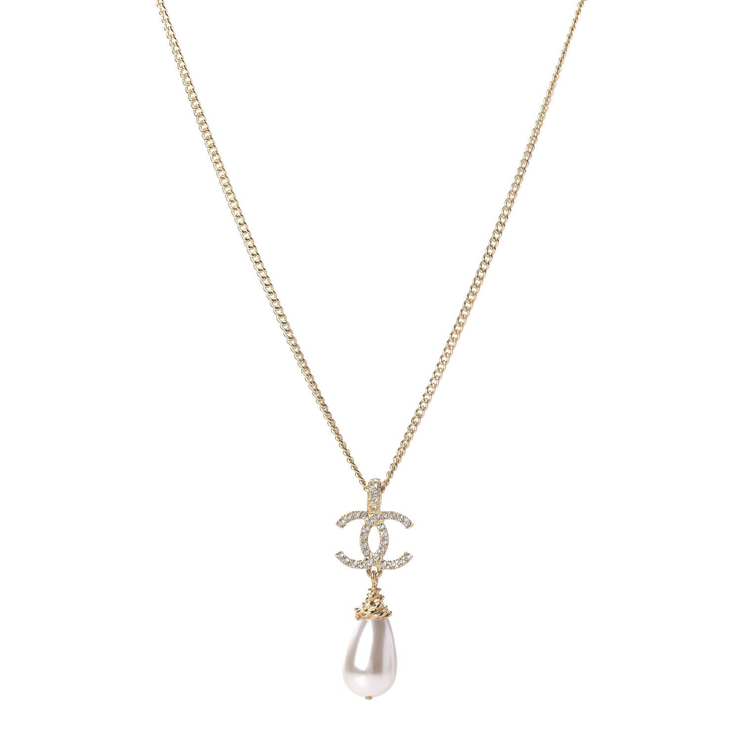 Chanel Pearl Crystal Twisted CC Drop Necklace Gold 1 of 6