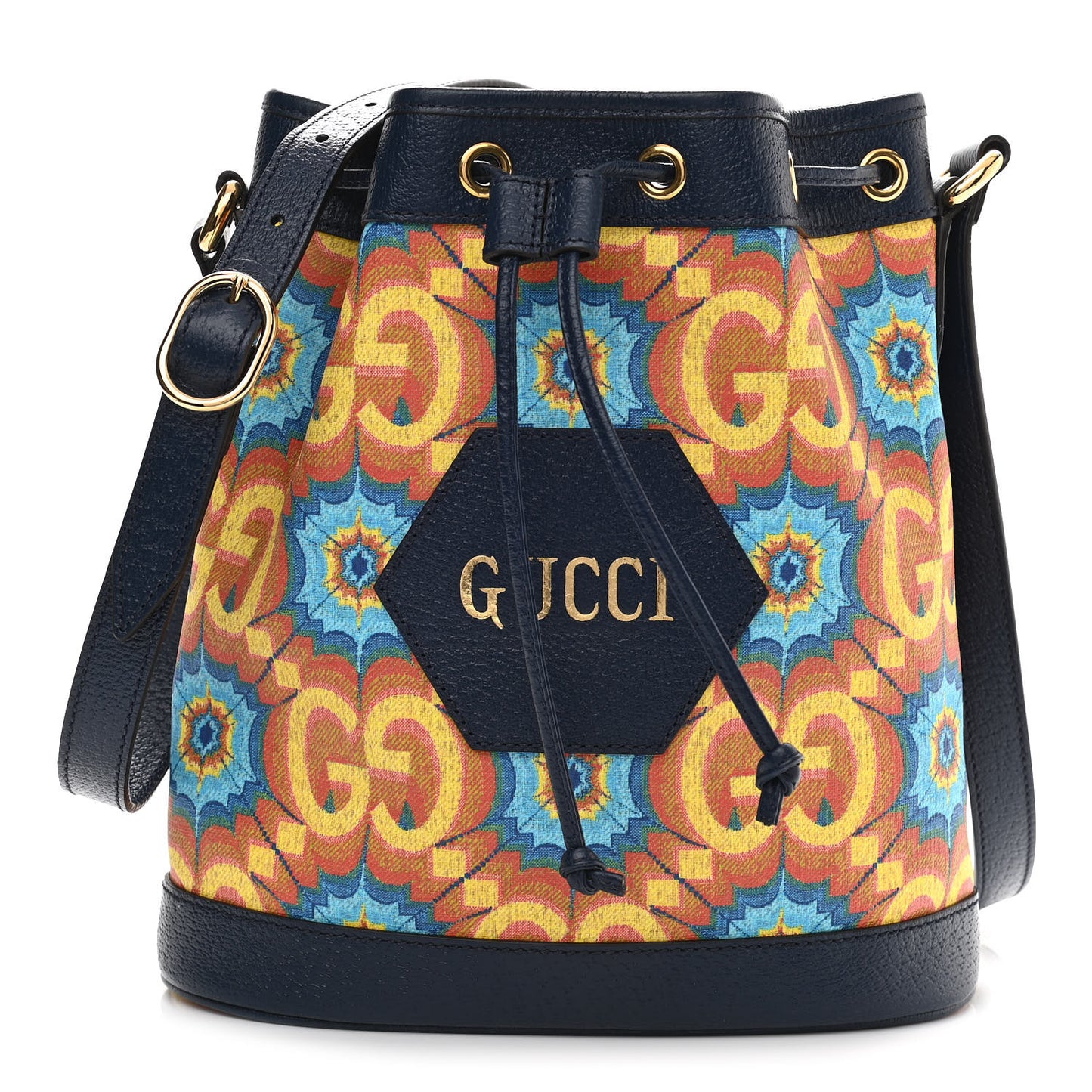 GG Supreme Kaleidoscope Calfskin Script Logo Gucci 100 Bucket Drawstring Bag Blue Orange Multicolor Blue Agata