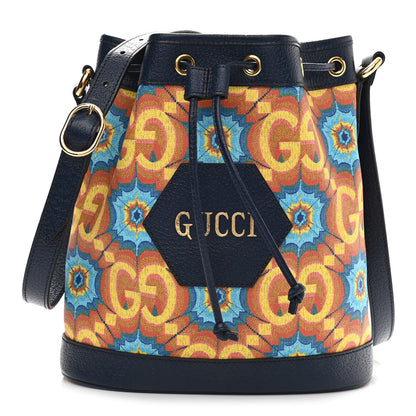 Gucci GG Supreme Kaleidoscope Calfskin Script Logo Gucci 100 Bucket Drawstring Bag Blue Orange Multicolor Blue Agata 1 of 10