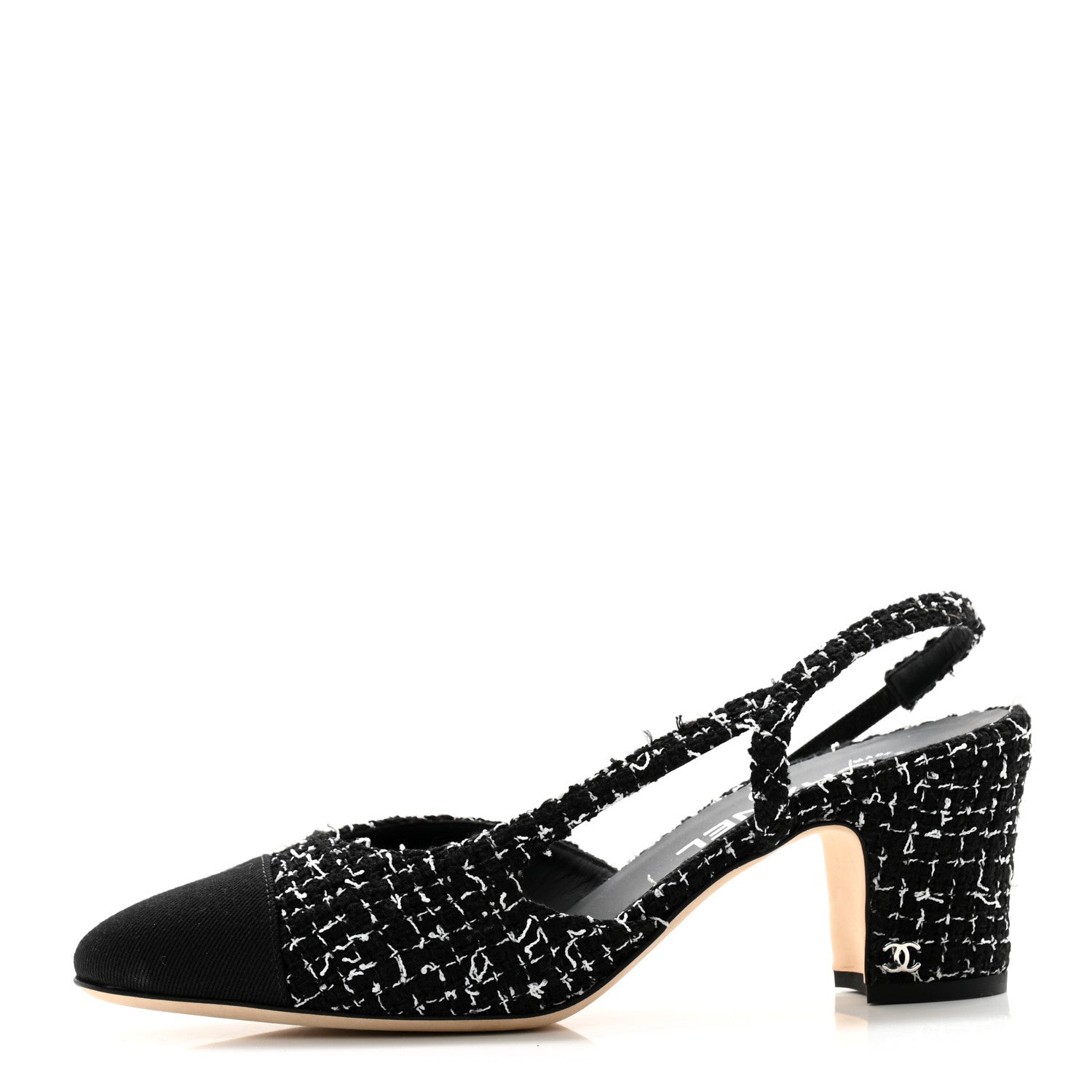 Chanel Tweed Grosgrain Cap Toe CC Slingback Pumps 38.5 Black White 1 of 12