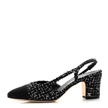 Chanel Tweed Grosgrain Cap Toe CC Slingback Pumps 38.5 Black White 1 of 12
