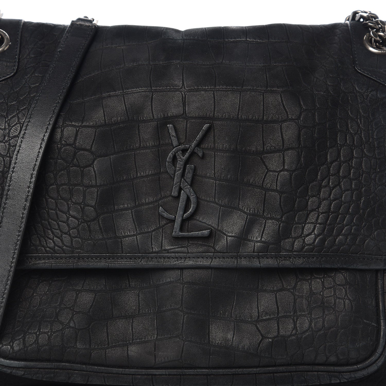 Saint Laurent Nubuck Crocodile Embossed Monogram Medium Niki Chain Satchel Black 6 of 9