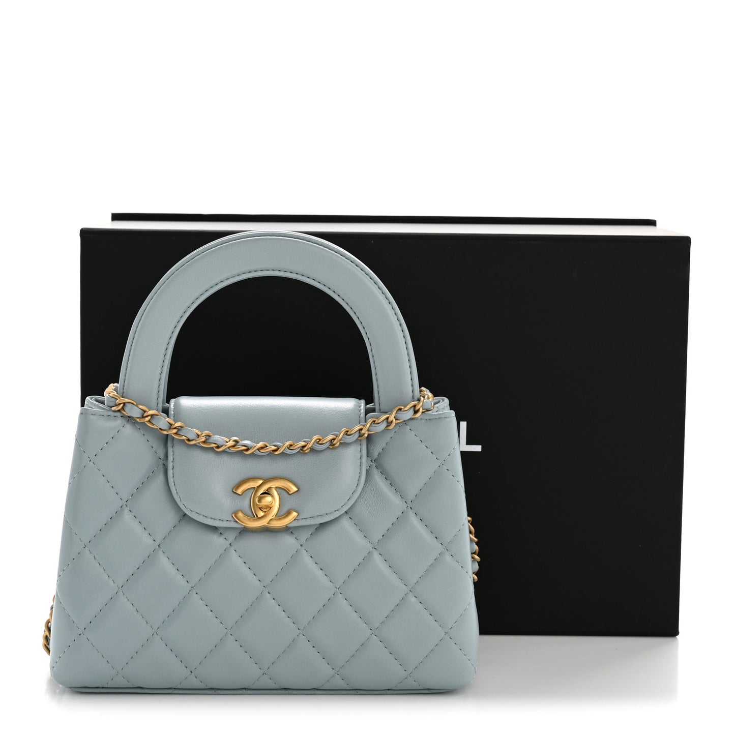 Shiny Aged Calfskin Quilted Nano Kelly Shopper Light Blue