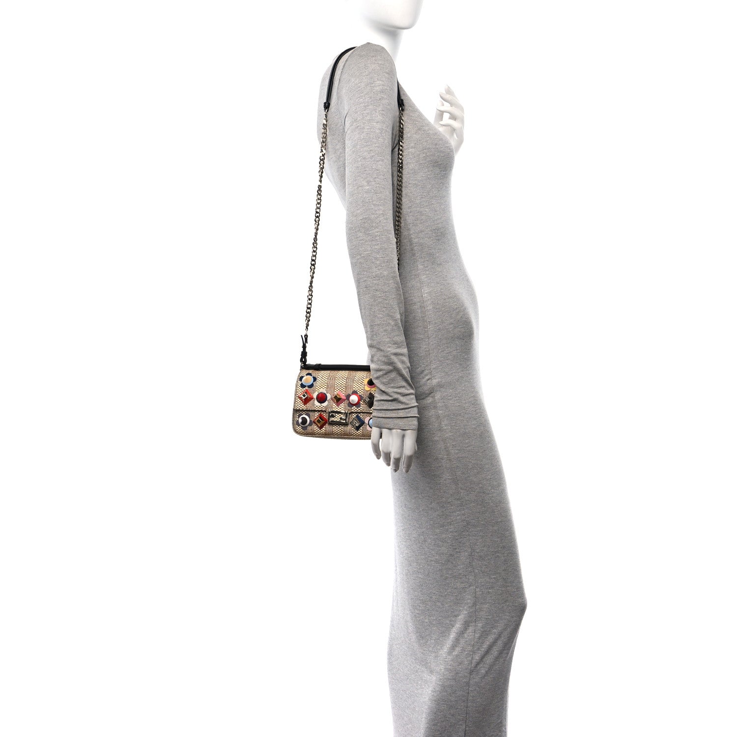 Fendi Paglia Vitello Dolce Paillettes Flowerland Studded Striped Micro Double Baguette Natural Multicolor 2 of 13