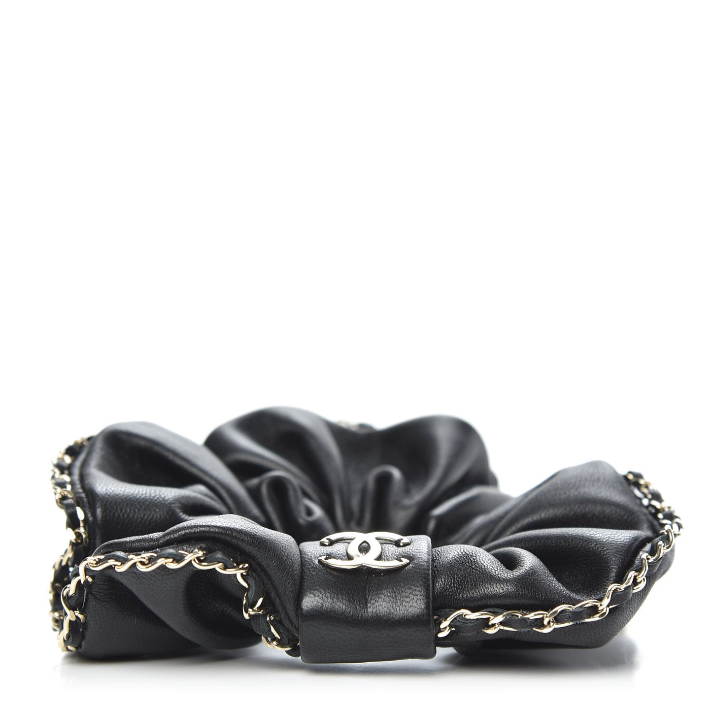Lambskin Chain CC Hair Scrunchie Black Gold