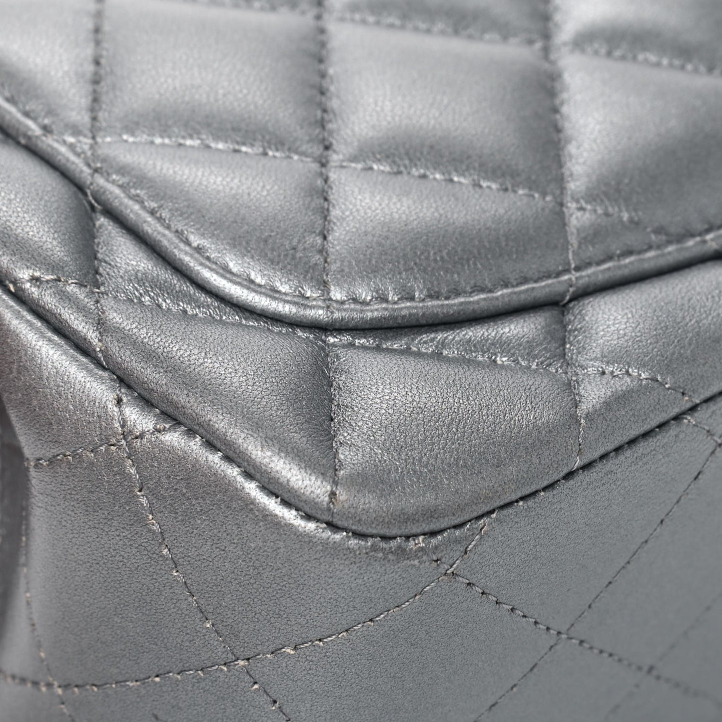 Metallic Lambskin Quilted Mini Square Flap Dark Silver