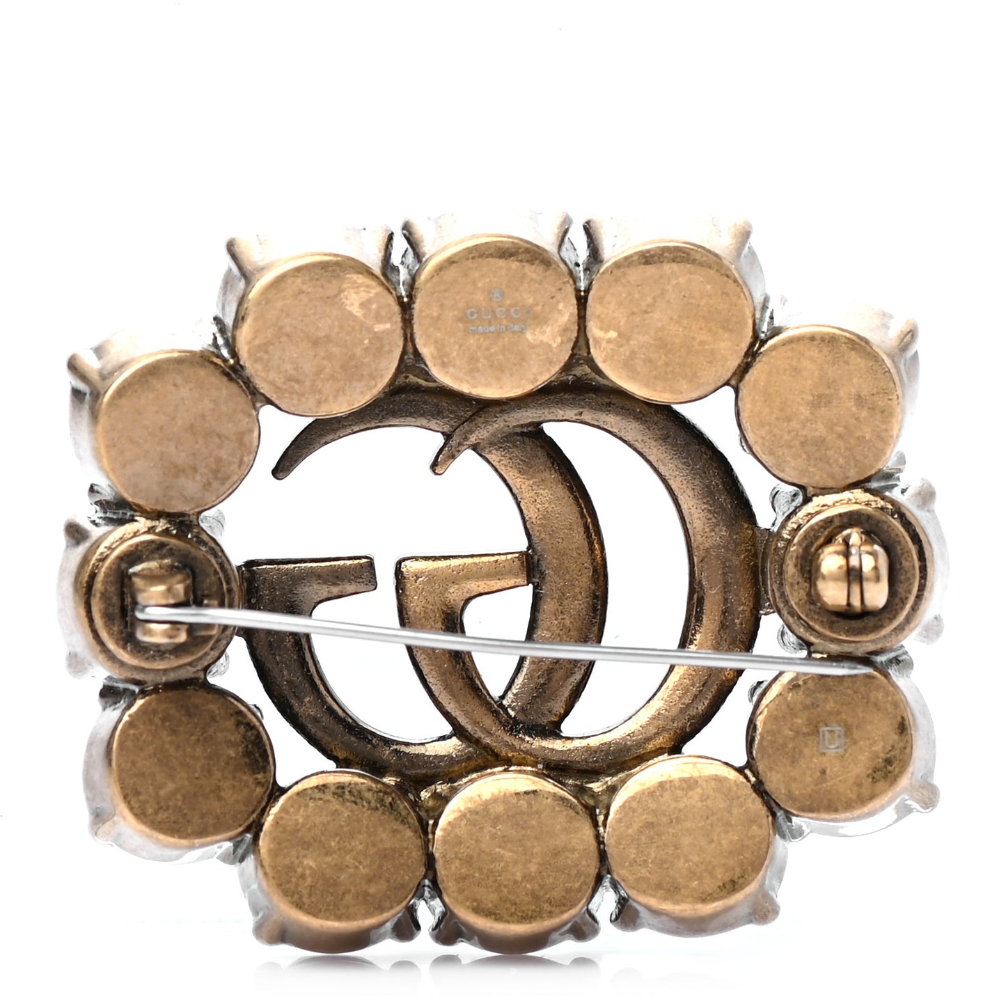 Metal Crystal Double G Brooch Aged Gold