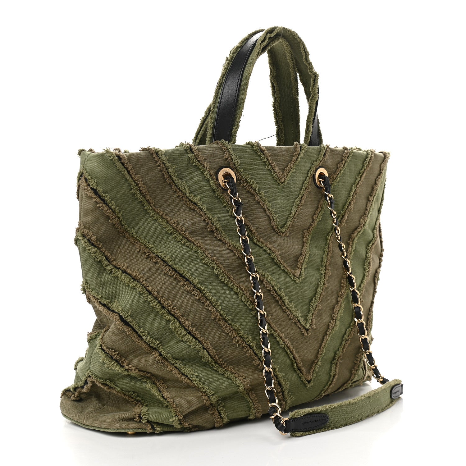 Chanel Canvas Chevron Cuba Patchwork Shopper Tote Khaki 3 of 13