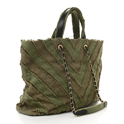 Chanel Canvas Chevron Cuba Patchwork Shopper Tote Khaki 3 of 13