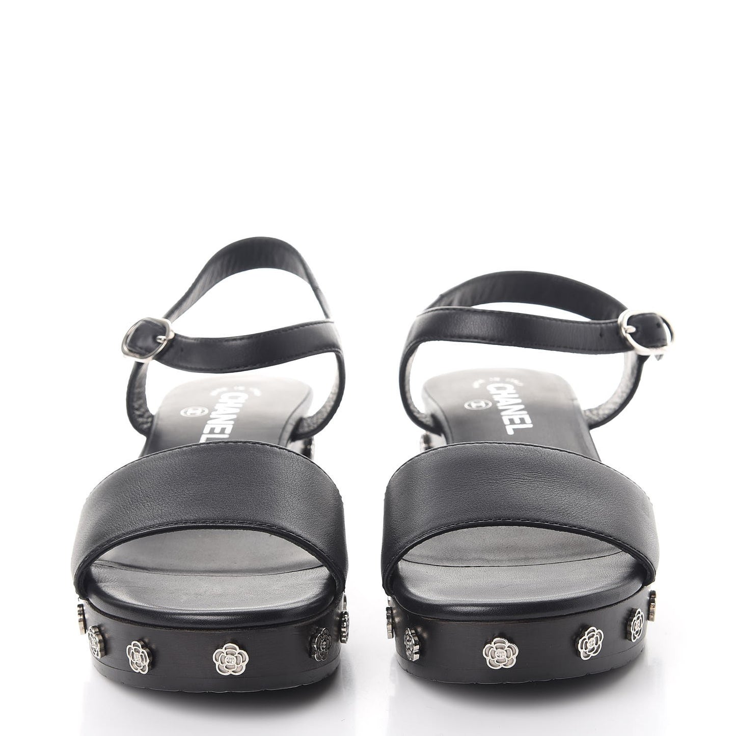 Calfskin Camellia Platform Sandals 38 Black