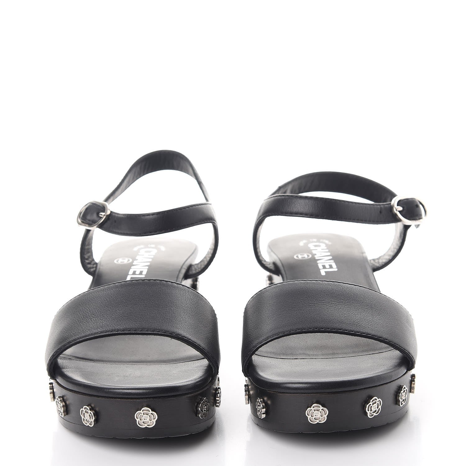Chanel Calfskin Camellia Platform Sandals 38 Black 2 of 8