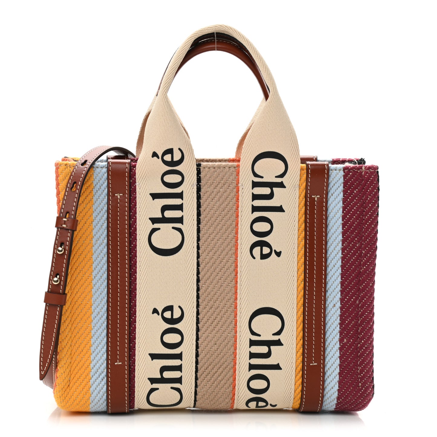Cotton Calfskin Small Woody Striped Ribbon Tote Multicolor