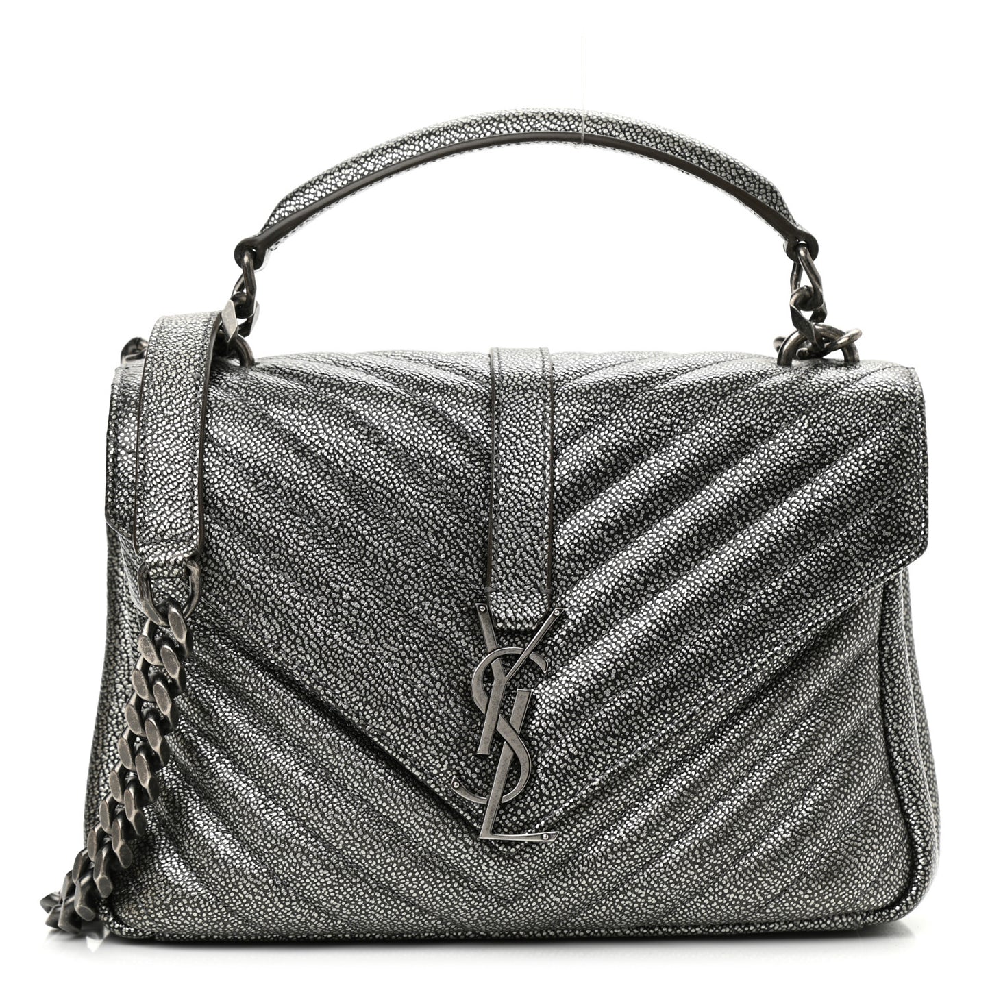 Metallic Grain De Poudre Matelasse Chevron Monogram Medium College Bag Gunmetal