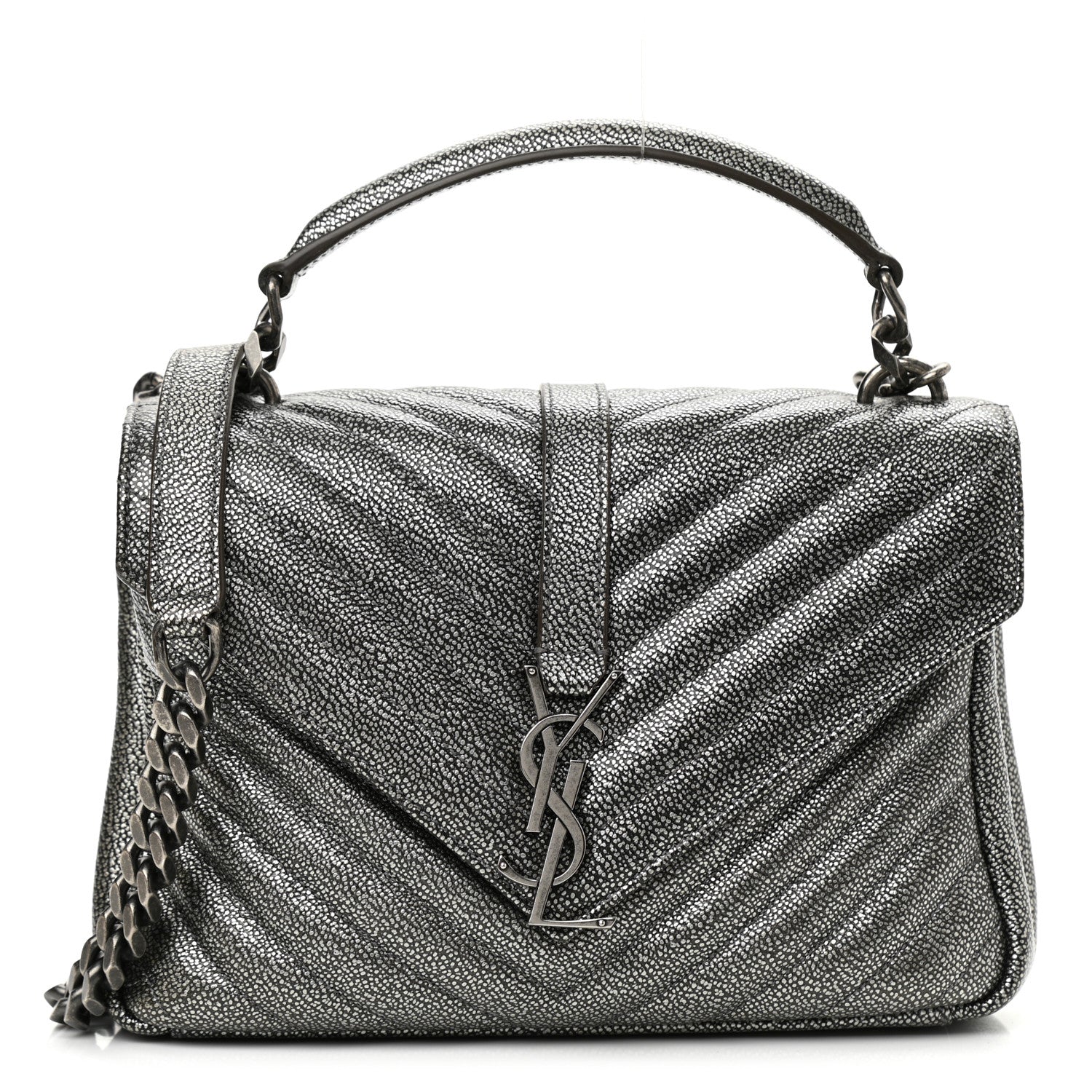Saint Laurent Metallic Grain De Poudre Matelasse Chevron Monogram Medium College Bag Gunmetal 1 of 10