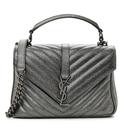 Saint Laurent Metallic Grain De Poudre Matelasse Chevron Monogram Medium College Bag Gunmetal 1 of 10