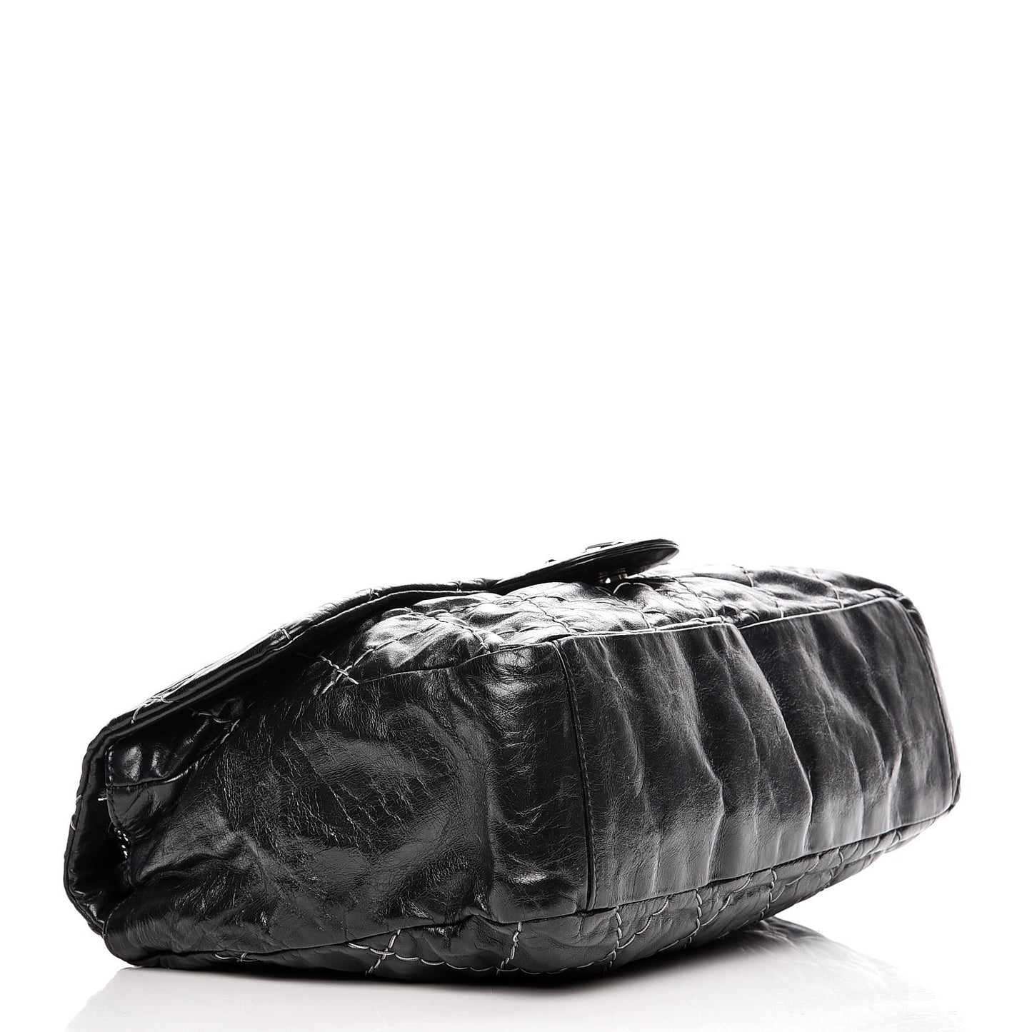 Glazed Goatskin Double Stitch Maxi Flap Black