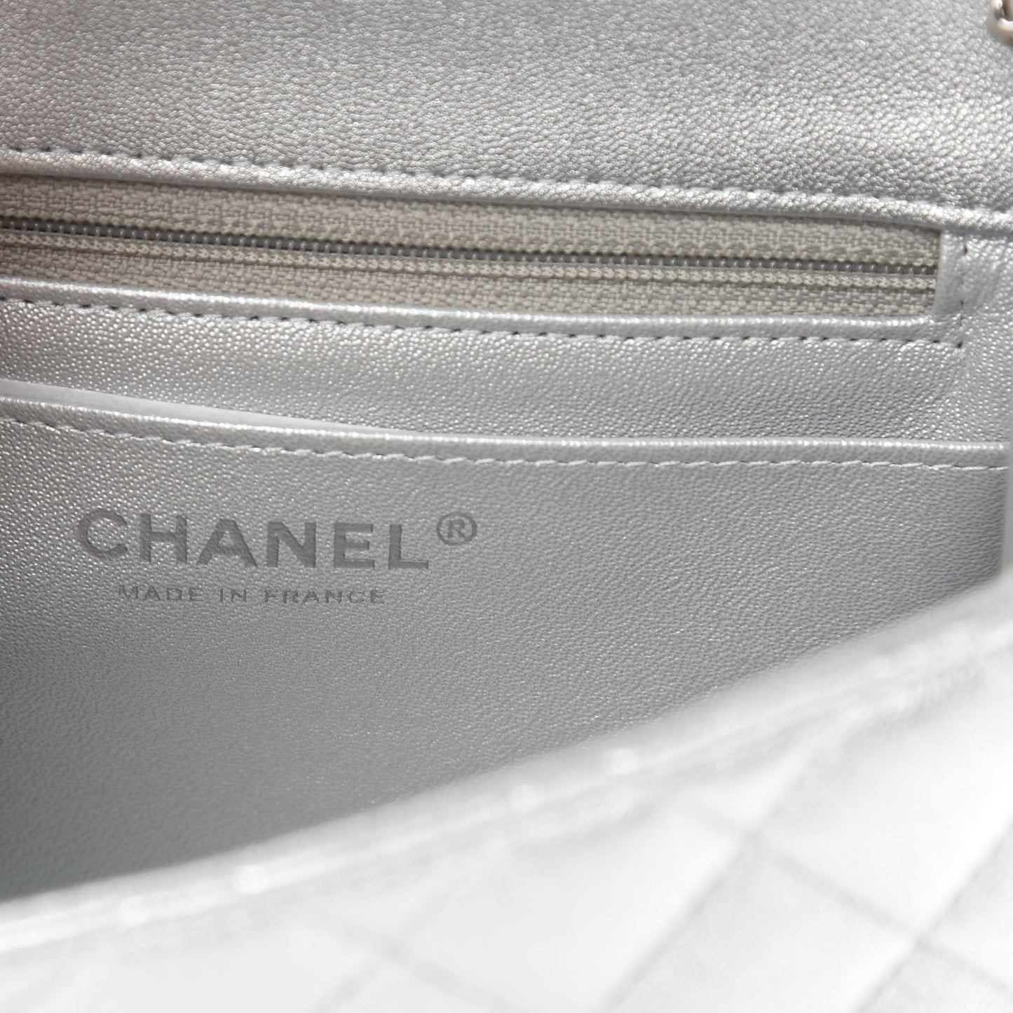 Metallic Lambskin Quilted Mini Square Flap Silver